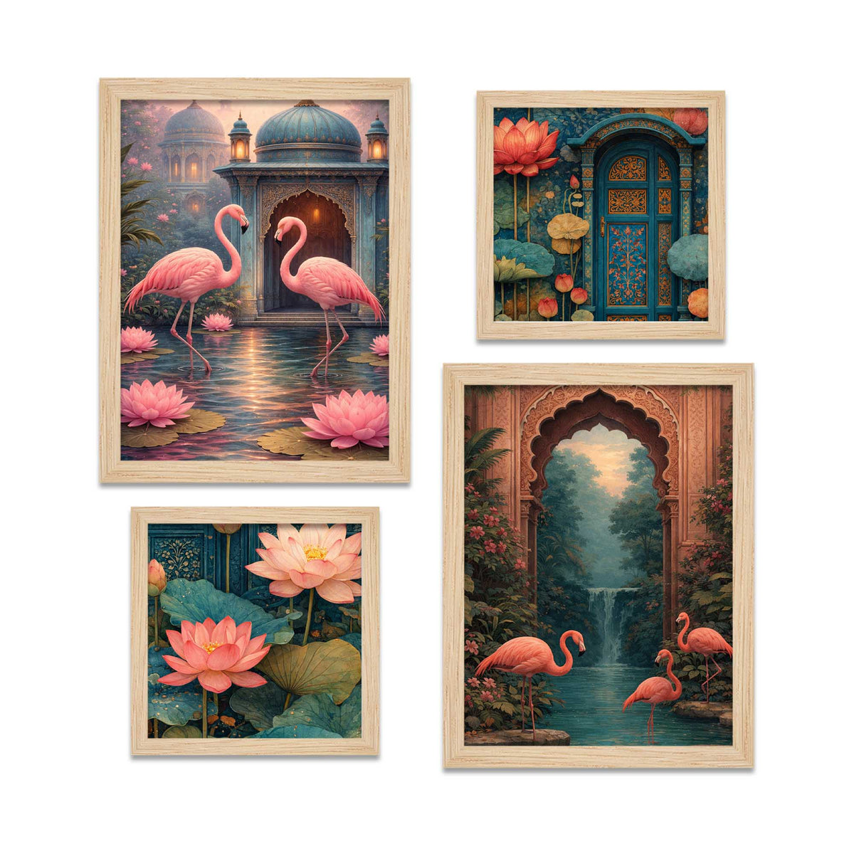 Flamingo Lotus Royal Door Luxury Palace Garden Wall Frame Set of Four