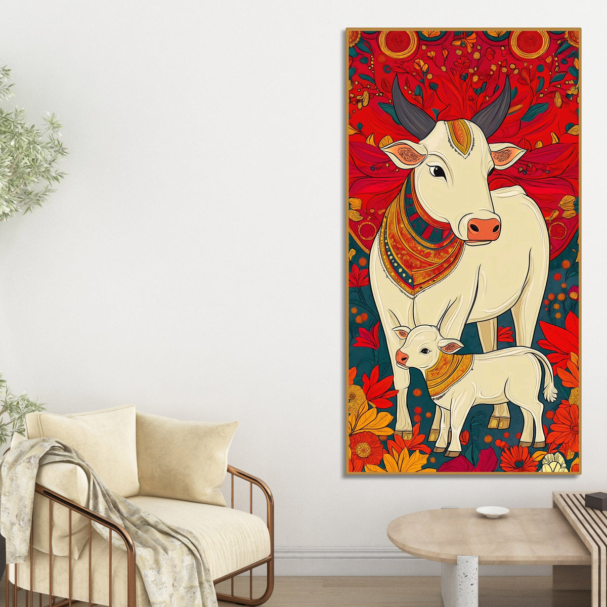 Floral Cow & Calf Canvas Wall Painting | Sacred Indian Décor
