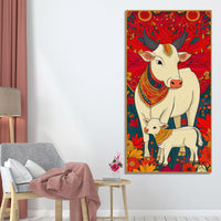 Floral Cow & Calf Canvas Wall Painting | Sacred Indian Décor