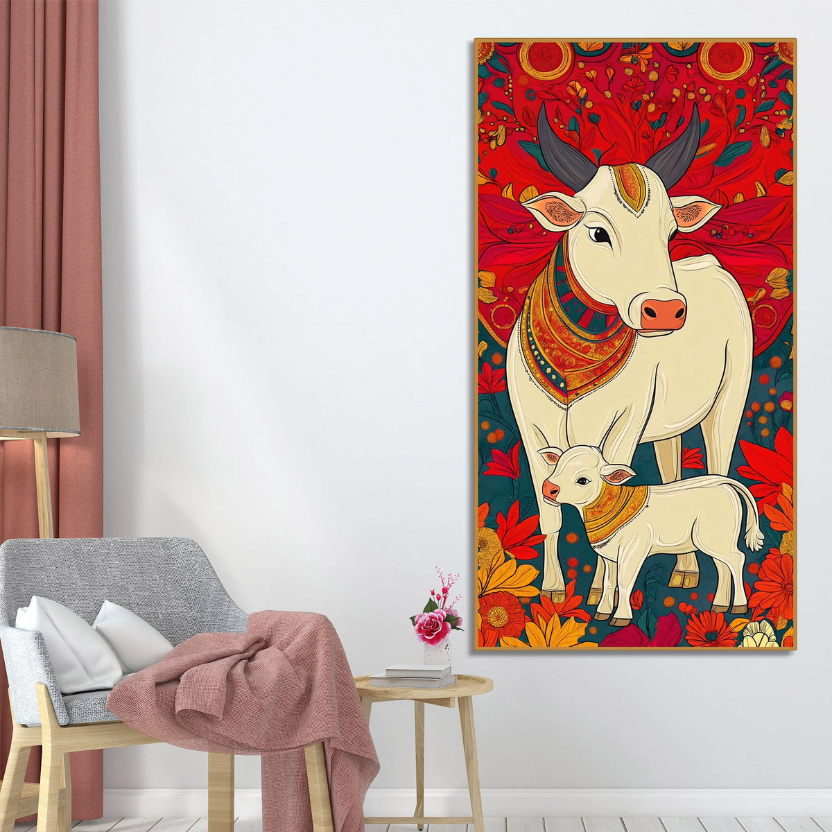 Floral Cow & Calf Canvas Wall Painting | Sacred Indian Décor