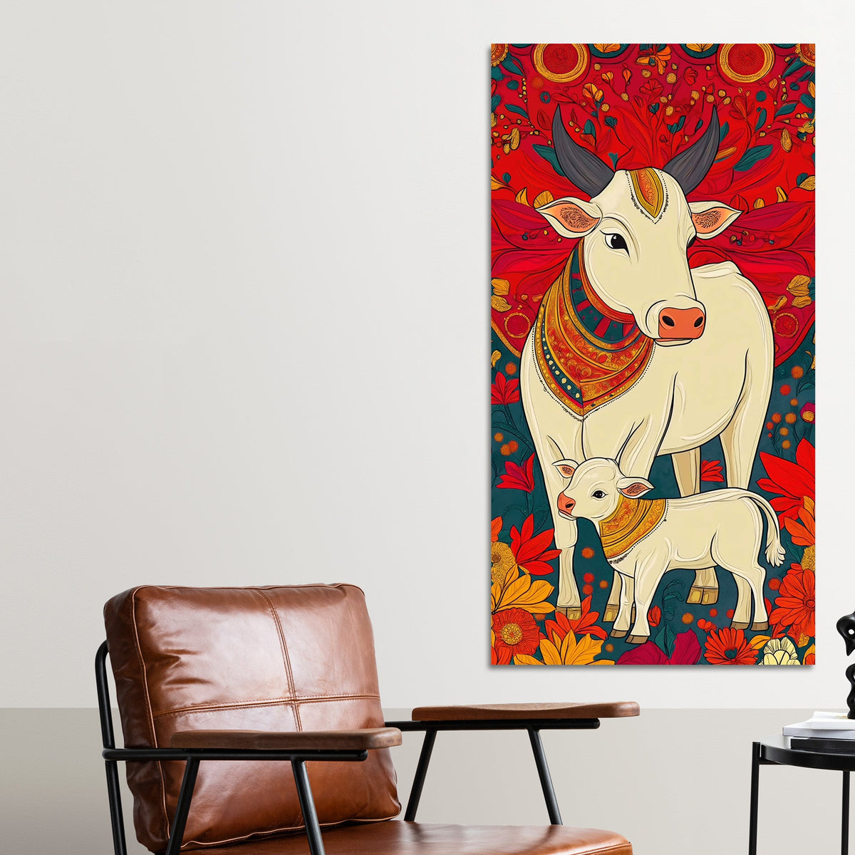 Floral Cow & Calf Canvas Wall Painting | Sacred Indian Décor