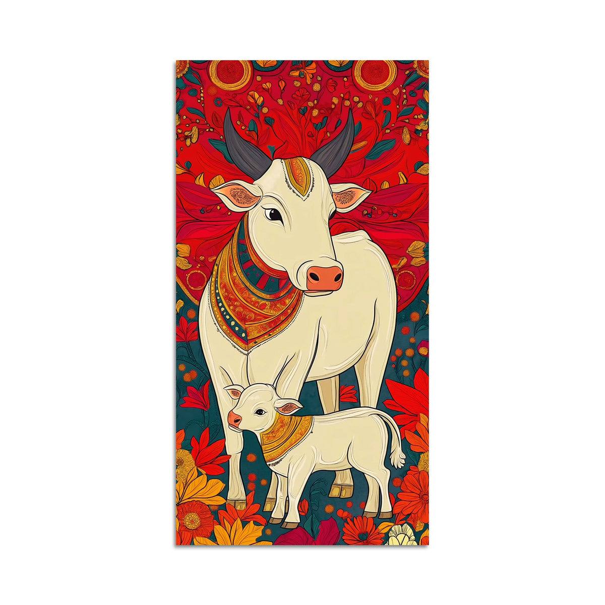 Floral Cow & Calf Canvas Wall Painting | Sacred Indian Décor
