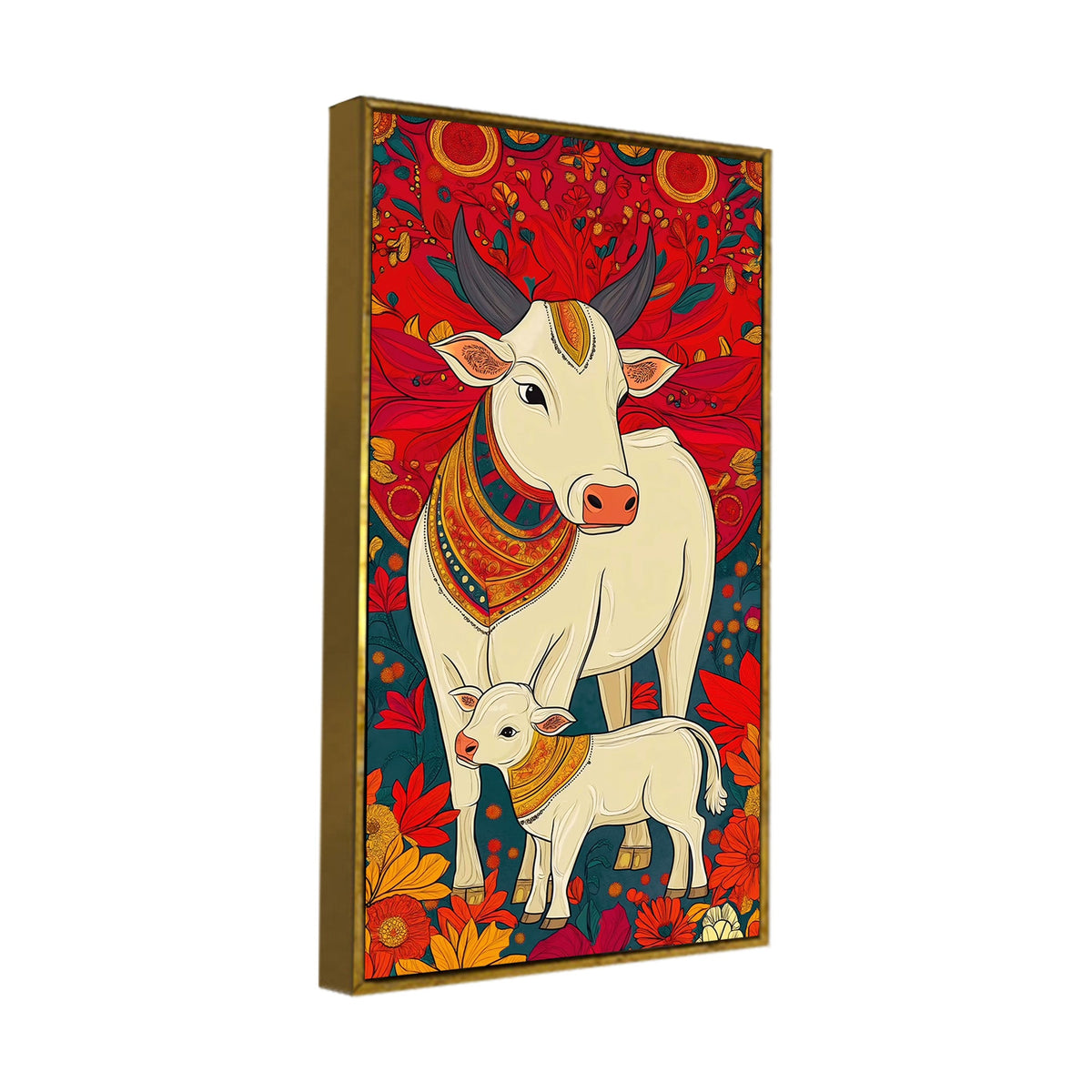 Floral Cow & Calf Canvas Wall Painting | Sacred Indian Décor