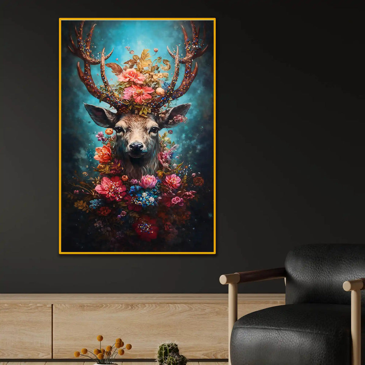 Floral Deer Wall Art Floating Frame Crystal Wall Painting