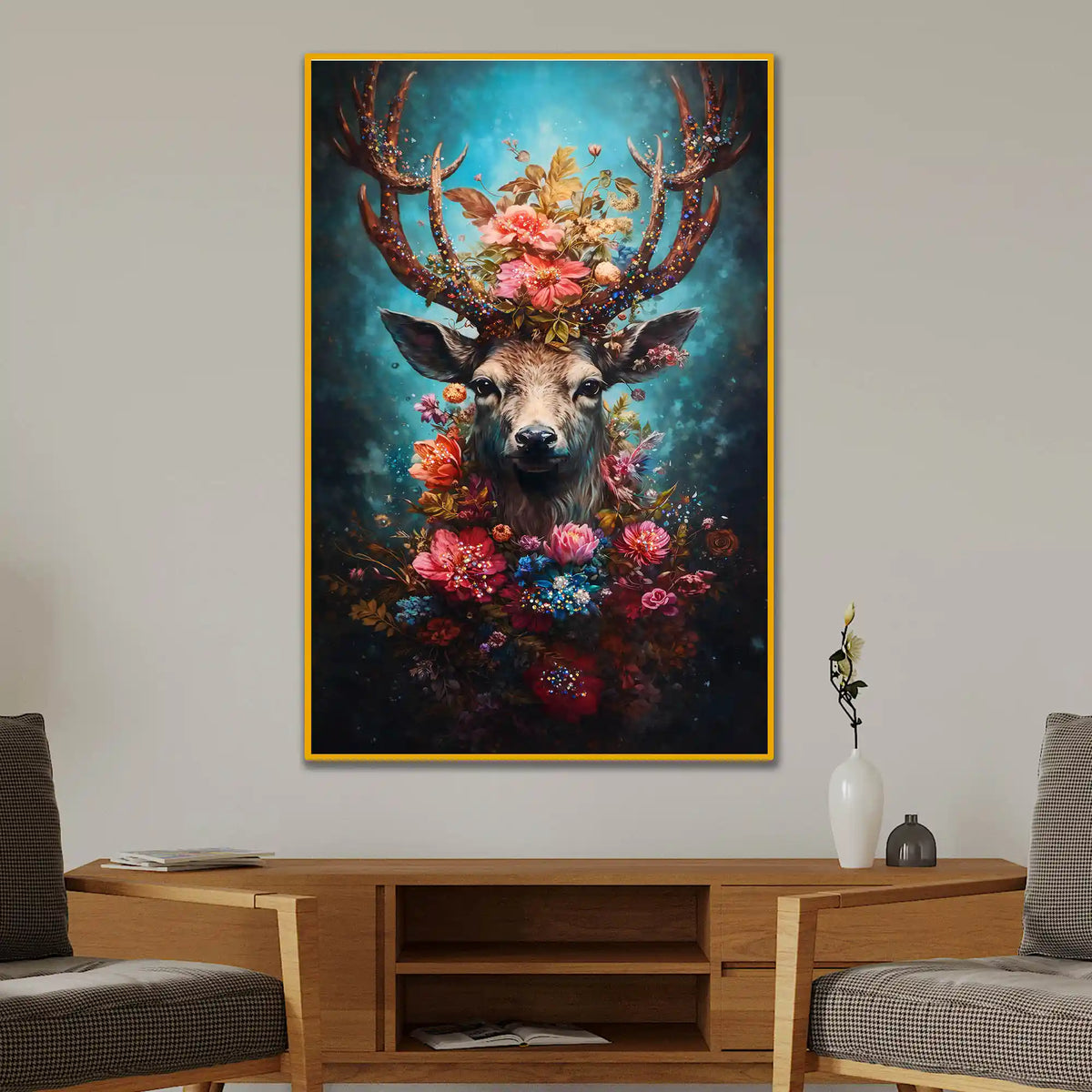 Floral Deer Wall Art Floating Frame Crystal Wall Painting