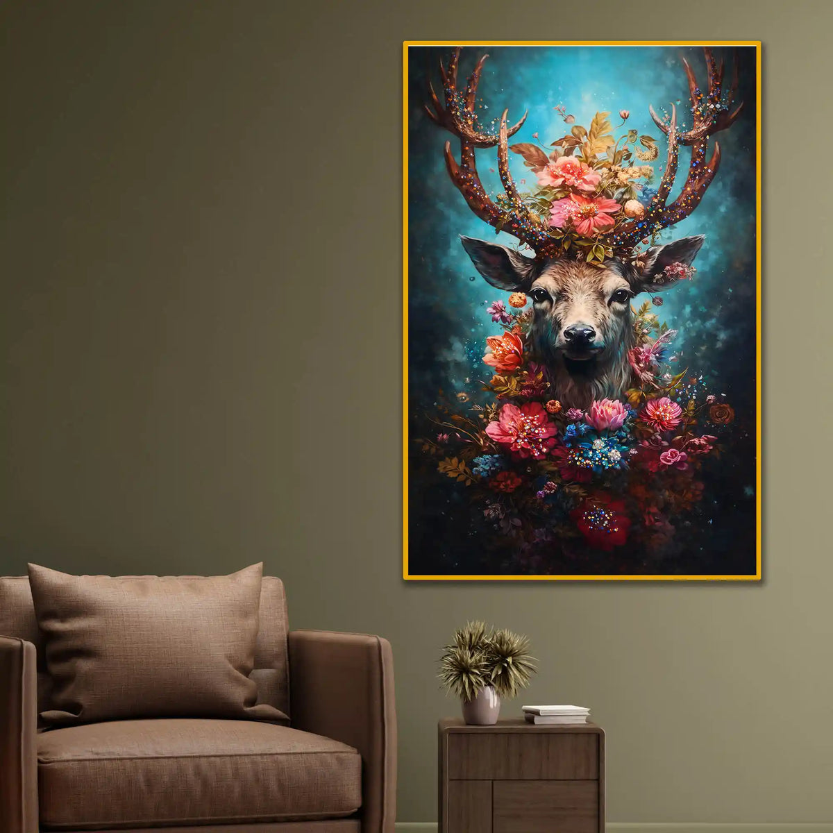 Floral Deer Wall Art Floating Frame Crystal Wall Painting