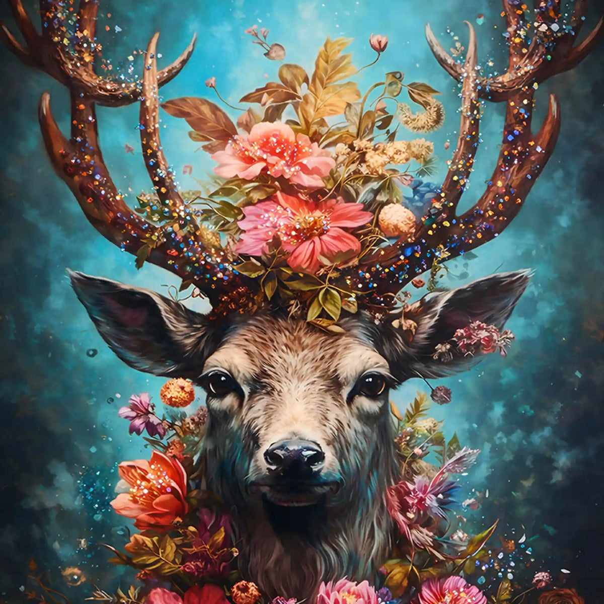 Floral Deer Wall Art Floating Frame Crystal Wall Painting