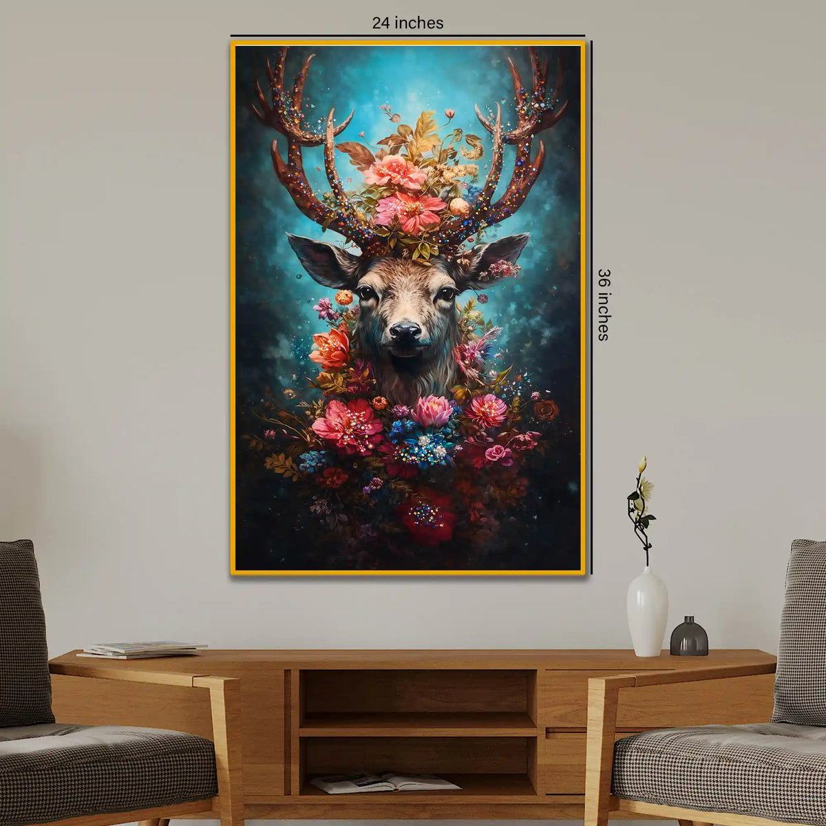 Floral Deer Wall Art Floating Frame Crystal Wall Painting