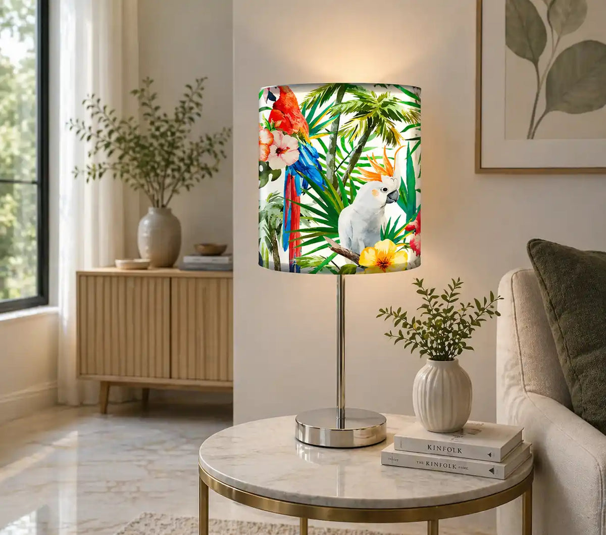 Floral Flower Art Printed Modern Stainless Steel Metal Finish Table Lamp
