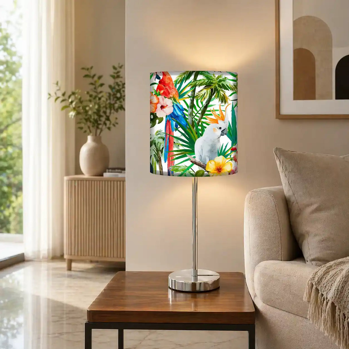 Floral Flower Art Printed Modern Stainless Steel Metal Finish Table Lamp