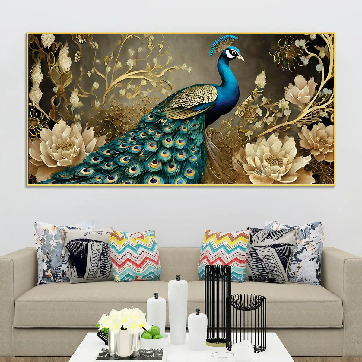 Floral Peacock Canvas Wall Painting for Luxury Home Décor