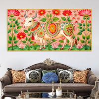 Floral Pichwai Cow Canvas Wall Painting | Indian Traditional Wall Painting