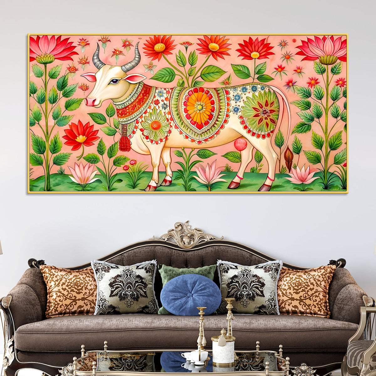 Floral Pichwai Cow Canvas Wall Painting | Indian Traditional Wall Painting