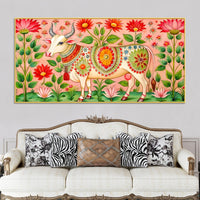 Floral Pichwai Cow Canvas Wall Painting | Indian Traditional Wall Painting