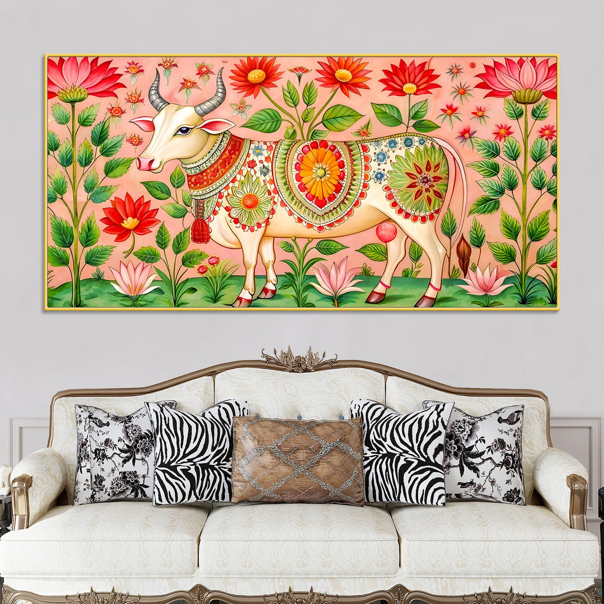 Floral Pichwai Cow Canvas Wall Painting | Indian Traditional Wall Painting