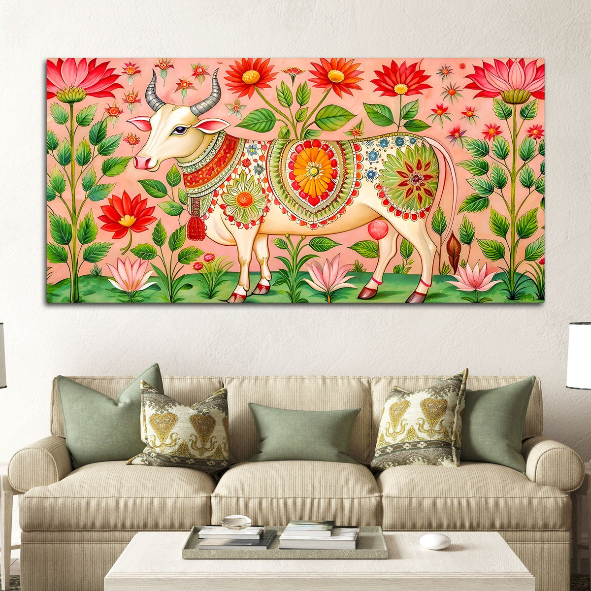 Floral Pichwai Cow Canvas Wall Painting | Indian Traditional Wall Painting