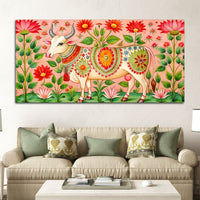 Floral Pichwai Cow Canvas Wall Painting | Indian Traditional Wall Painting