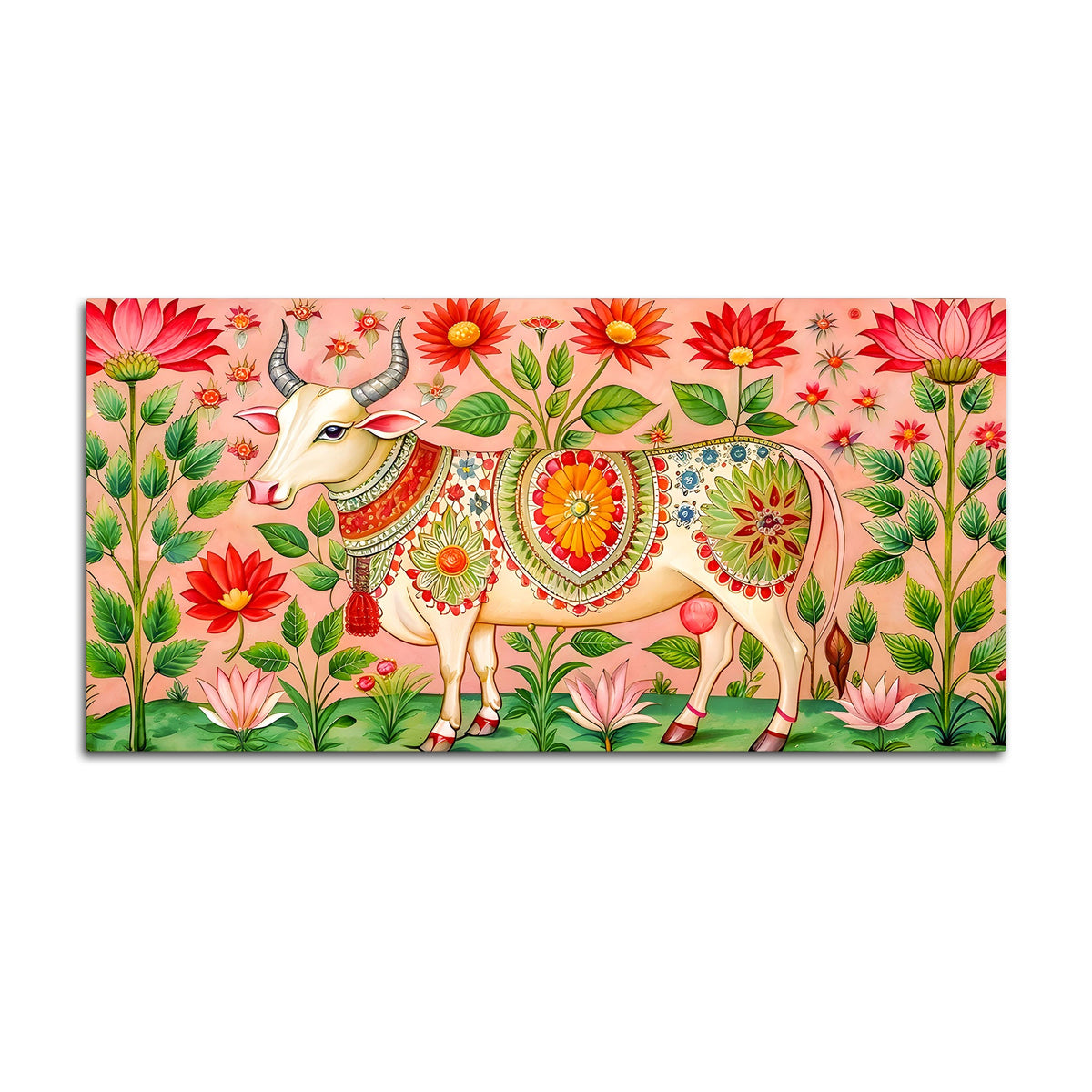 Floral Pichwai Cow Canvas Wall Painting | Indian Traditional Wall Painting