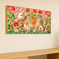 Floral Pichwai Cow Canvas Wall Painting | Indian Traditional Wall Painting