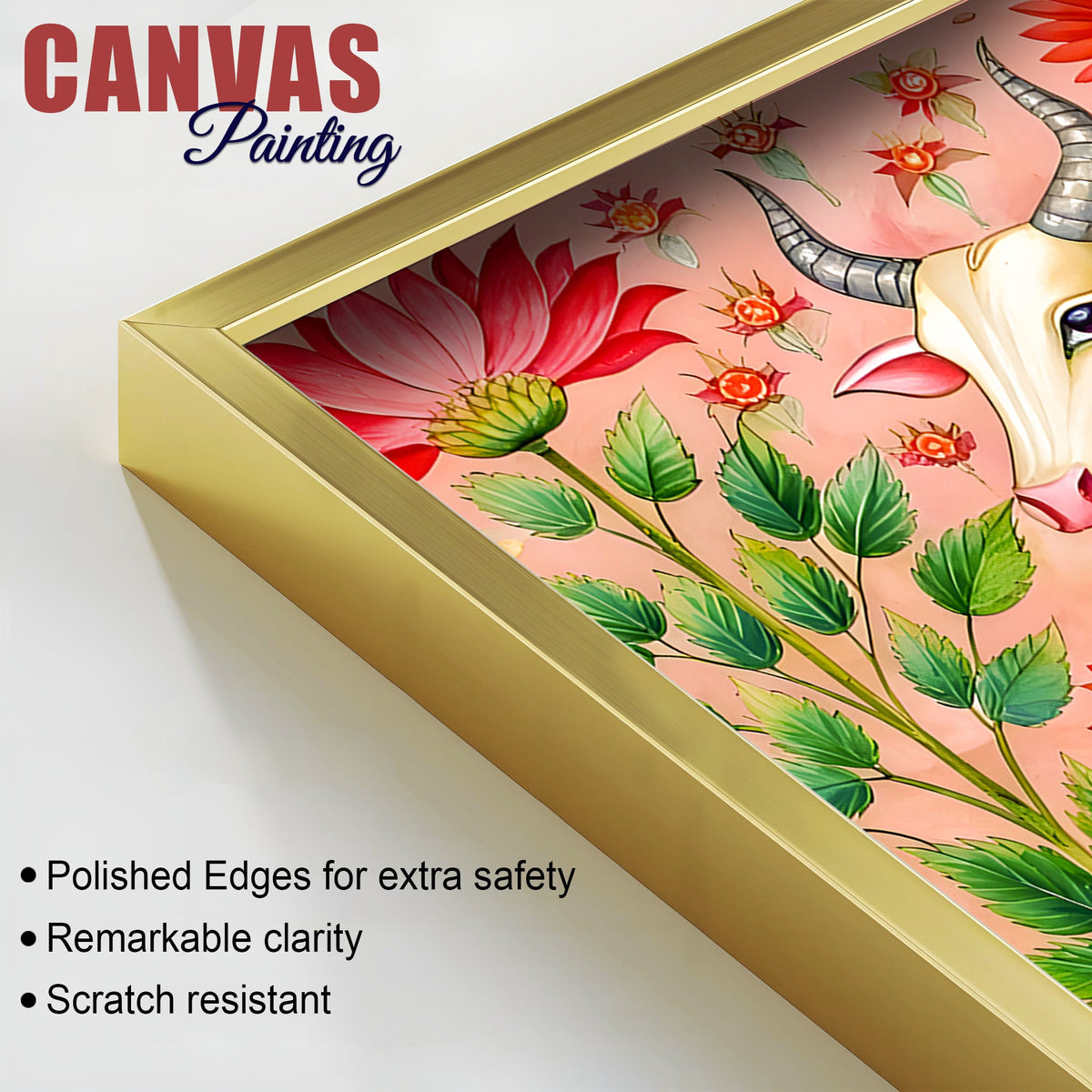 Floral Pichwai Cow Canvas Wall Painting | Indian Traditional Wall Painting