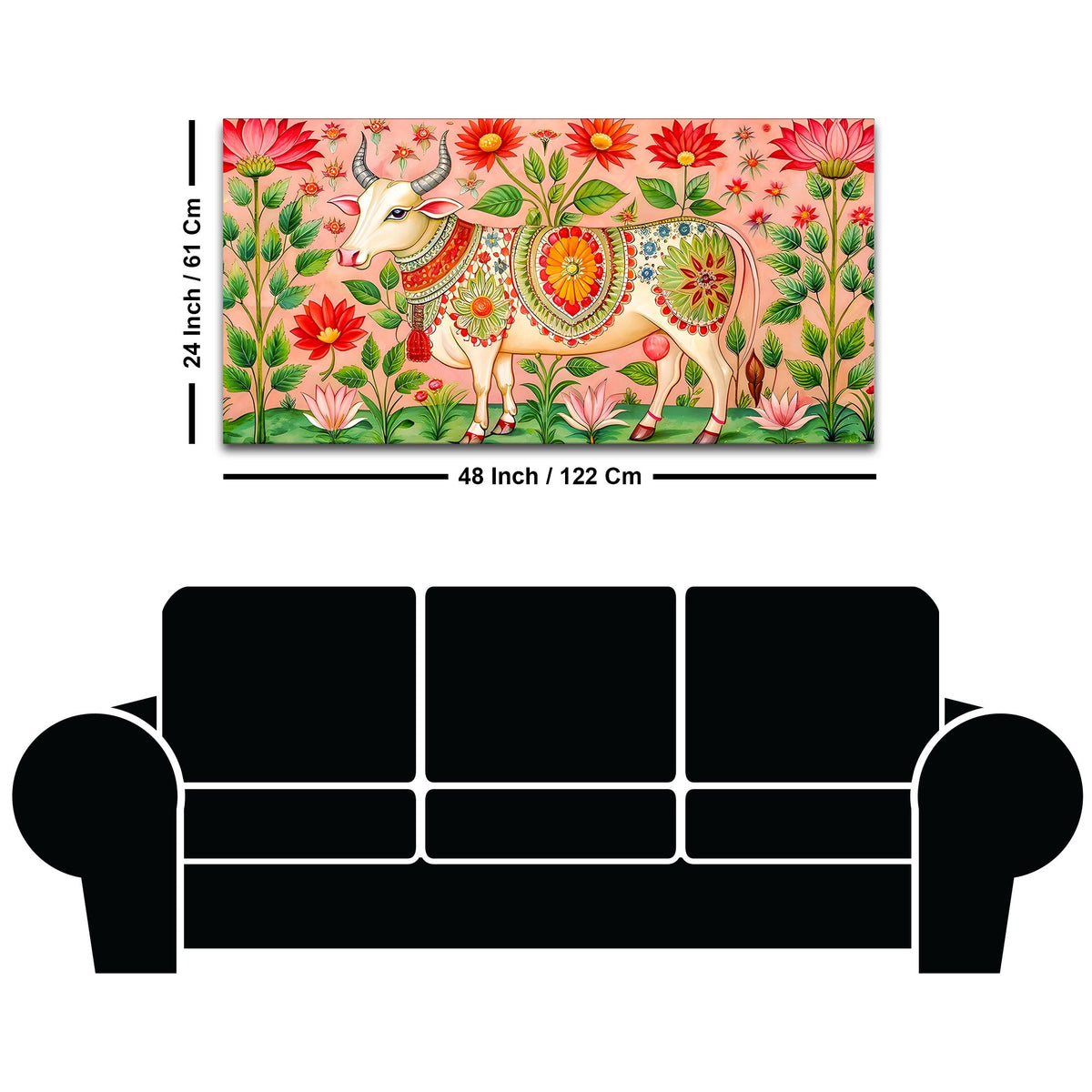Floral Pichwai Cow Canvas Wall Painting | Indian Traditional Wall Painting