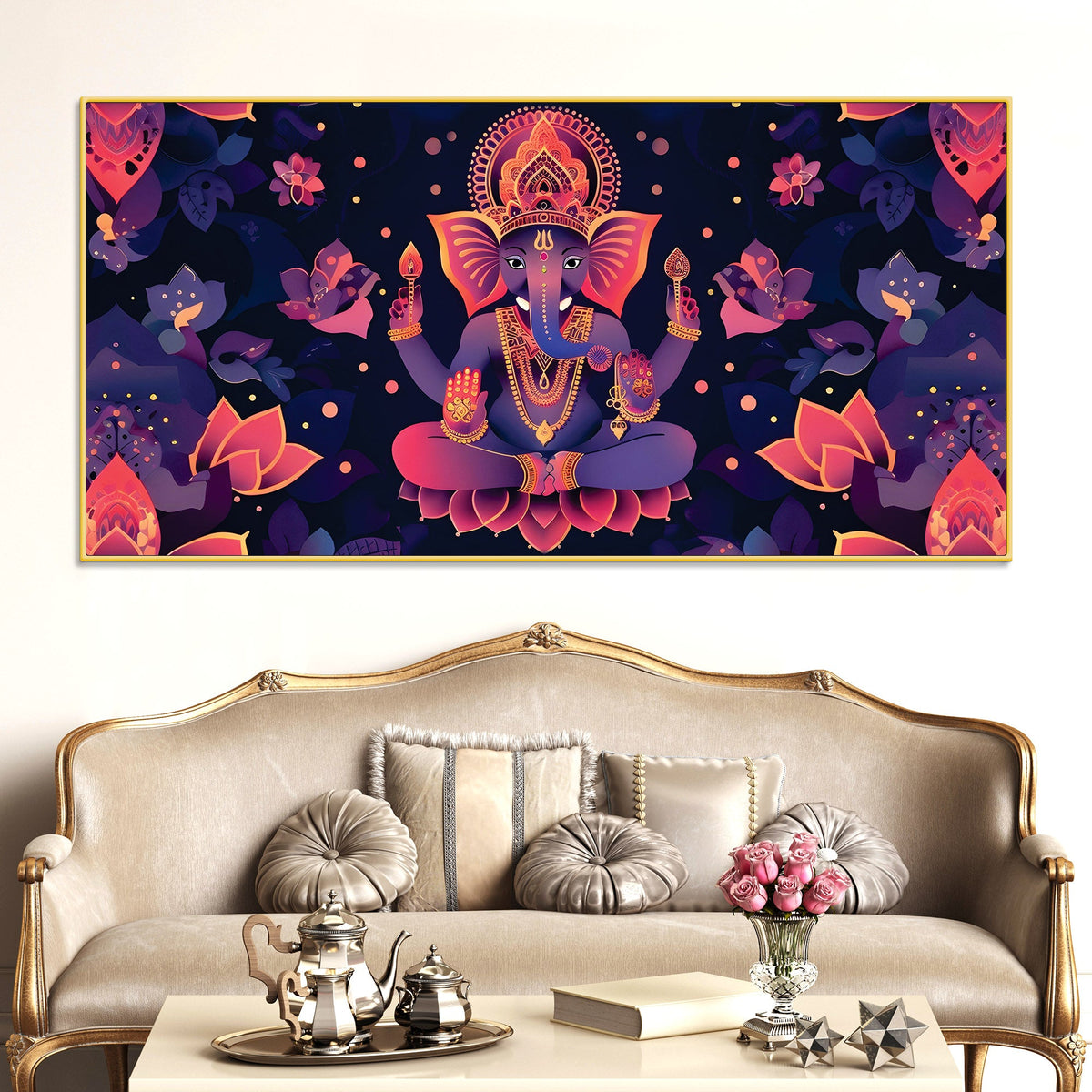 Floral Purple Pink Themed Lord Shri Ganesha Canvas Wall Painting for Home & Office – Elegant Spiritual Home Decor