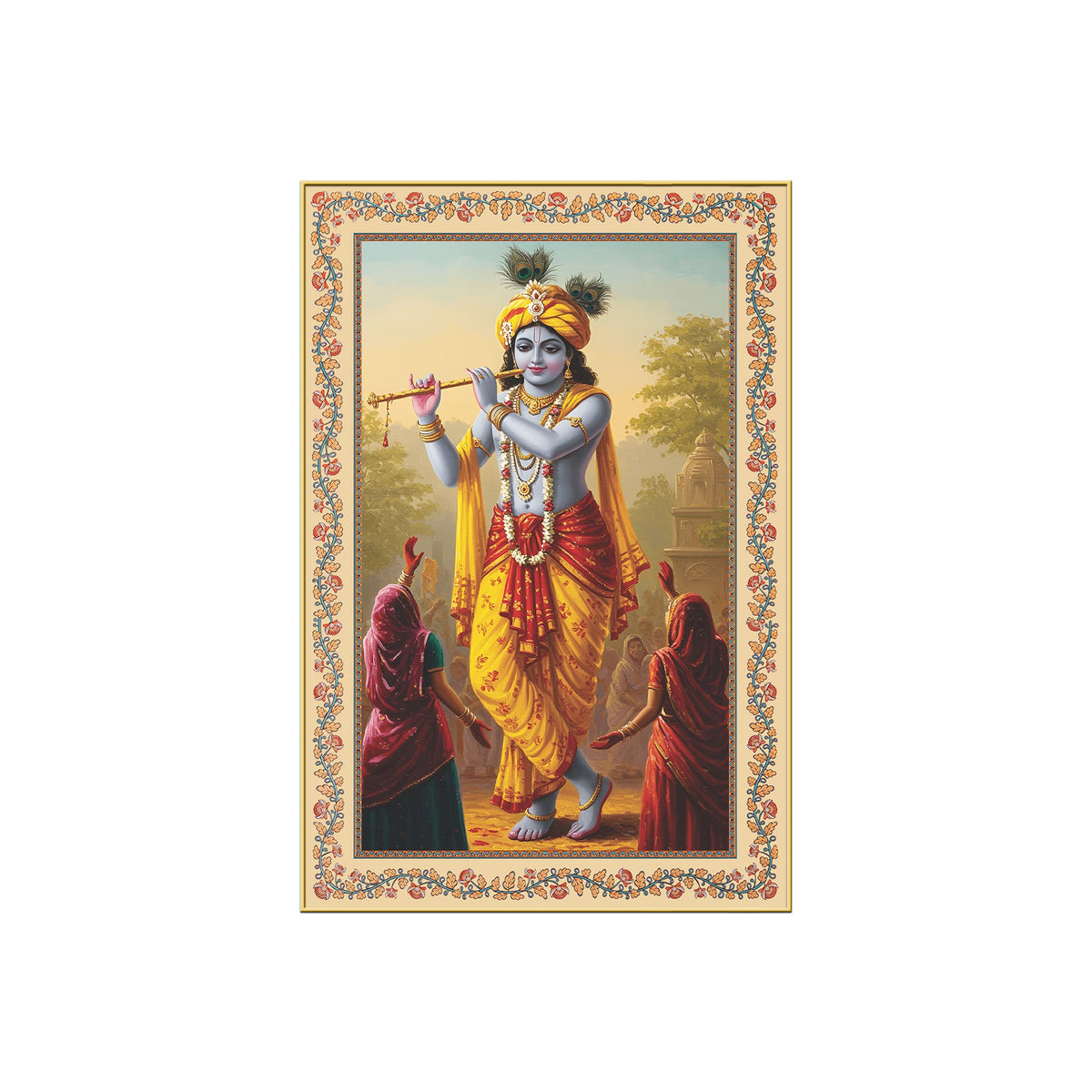 Flute of the Divine Floral Border Vertical Canvas Wall Painting