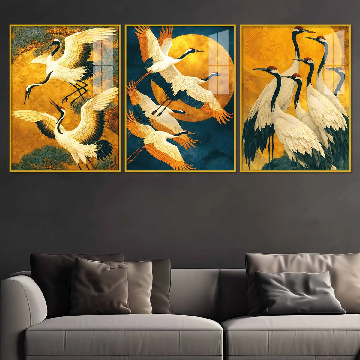 Flying Cranes Acrylic Wall Painting Set of 3