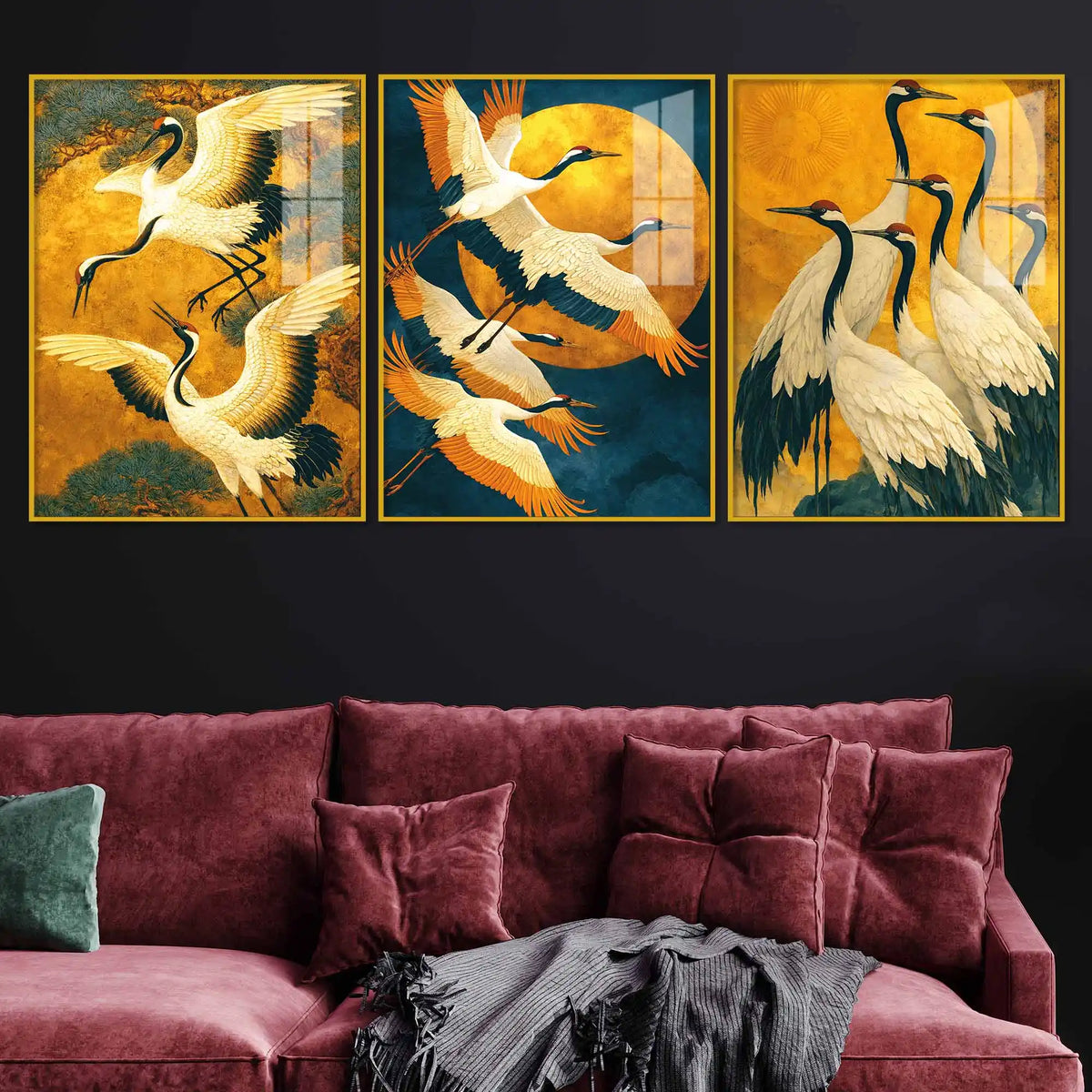 Flying Cranes Acrylic Wall Painting Set of 3