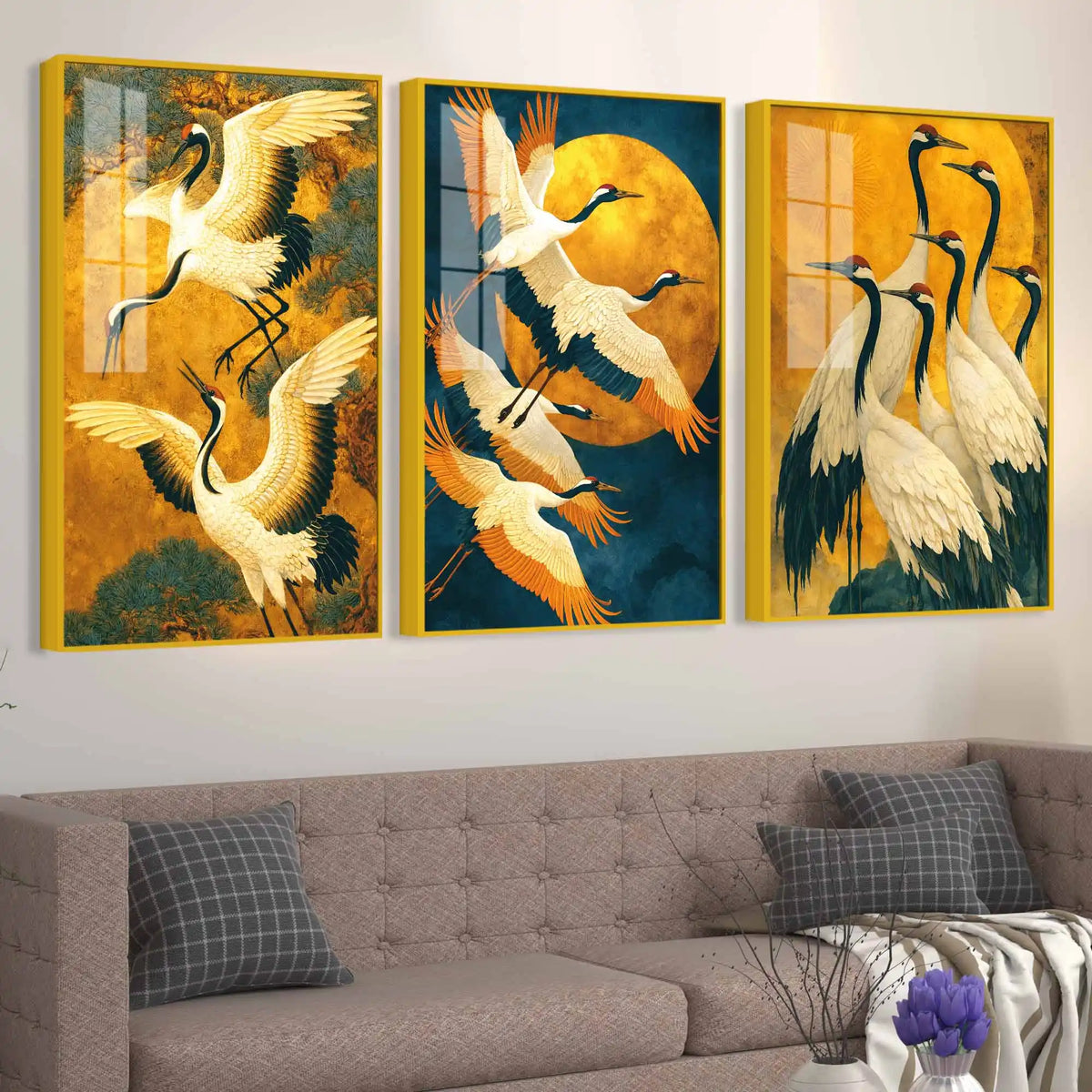 Flying Cranes Acrylic Wall Painting Set of 3