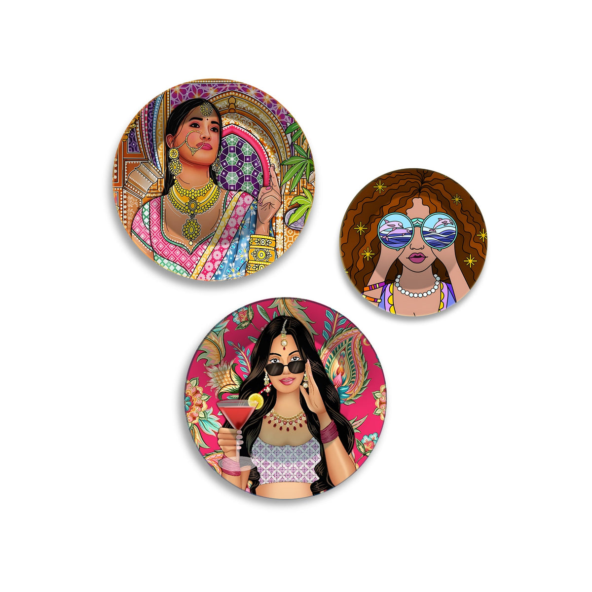 Fusion Femmes Divas Glam Premium Wall Plates Painting Set of 3