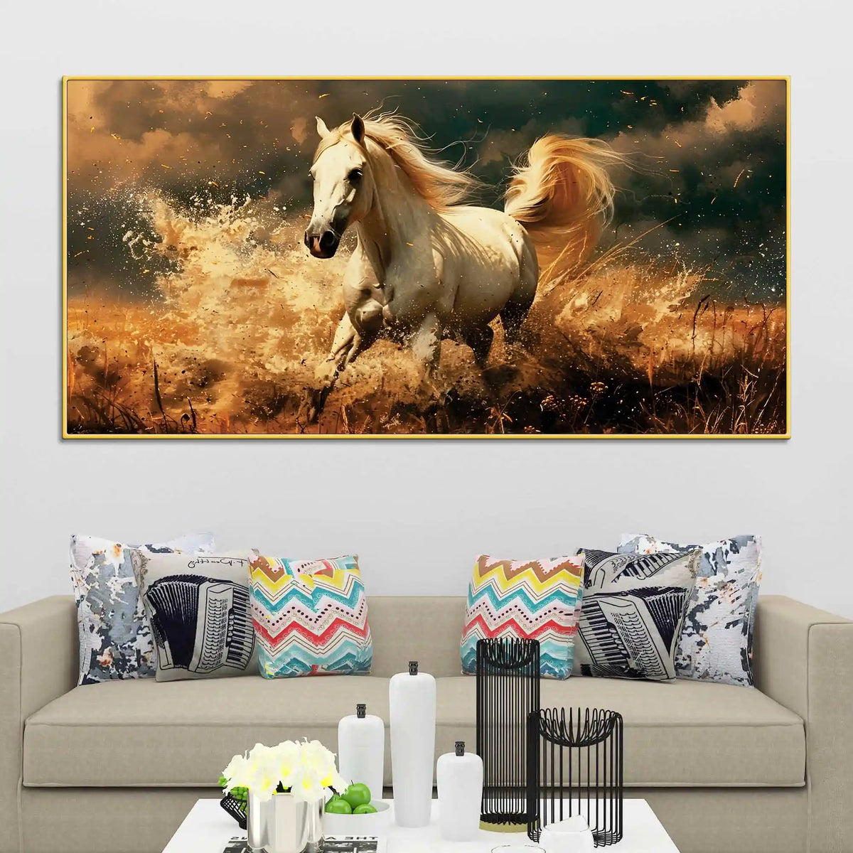 Galloping White Horse Running Through Water Canvas Wall Painting