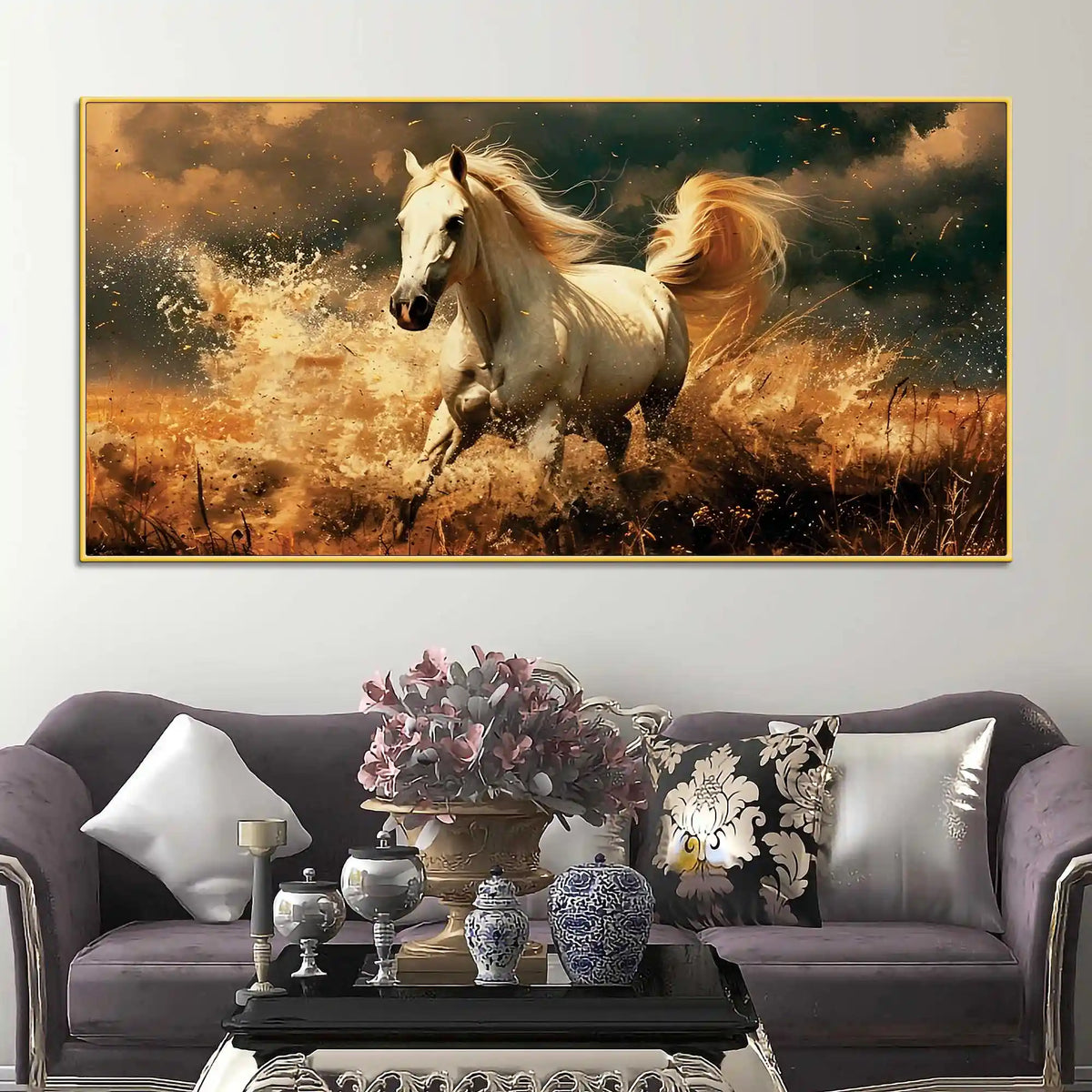Galloping White Horse Running Through Water Canvas Wall Painting