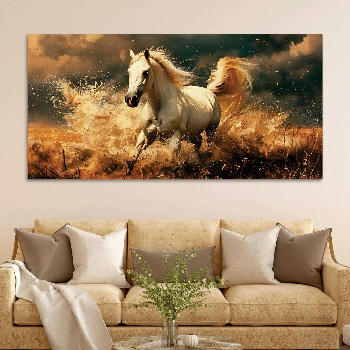 Galloping White Horse Running Through Water Canvas Wall Painting