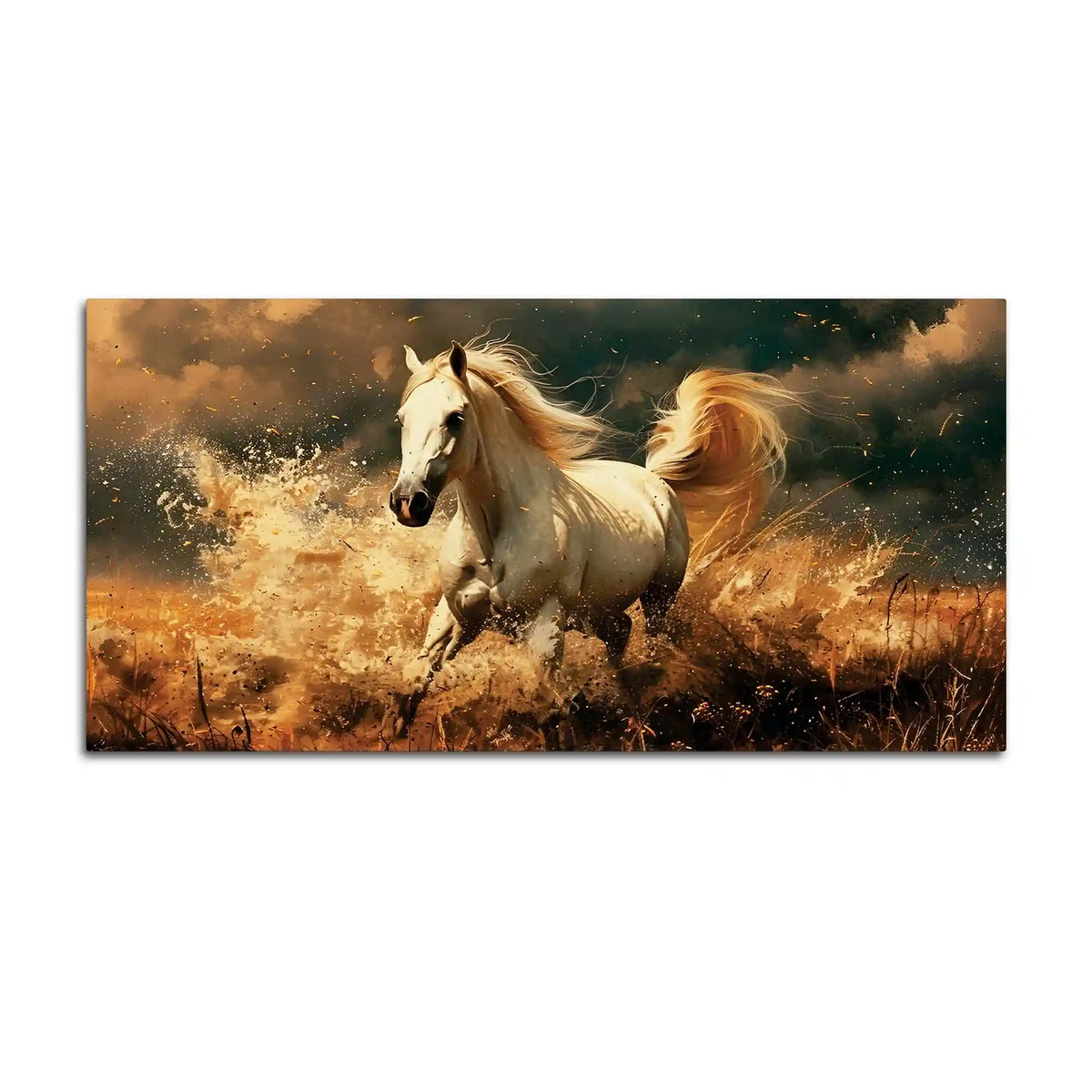 Galloping White Horse Running Through Water Canvas Wall Painting