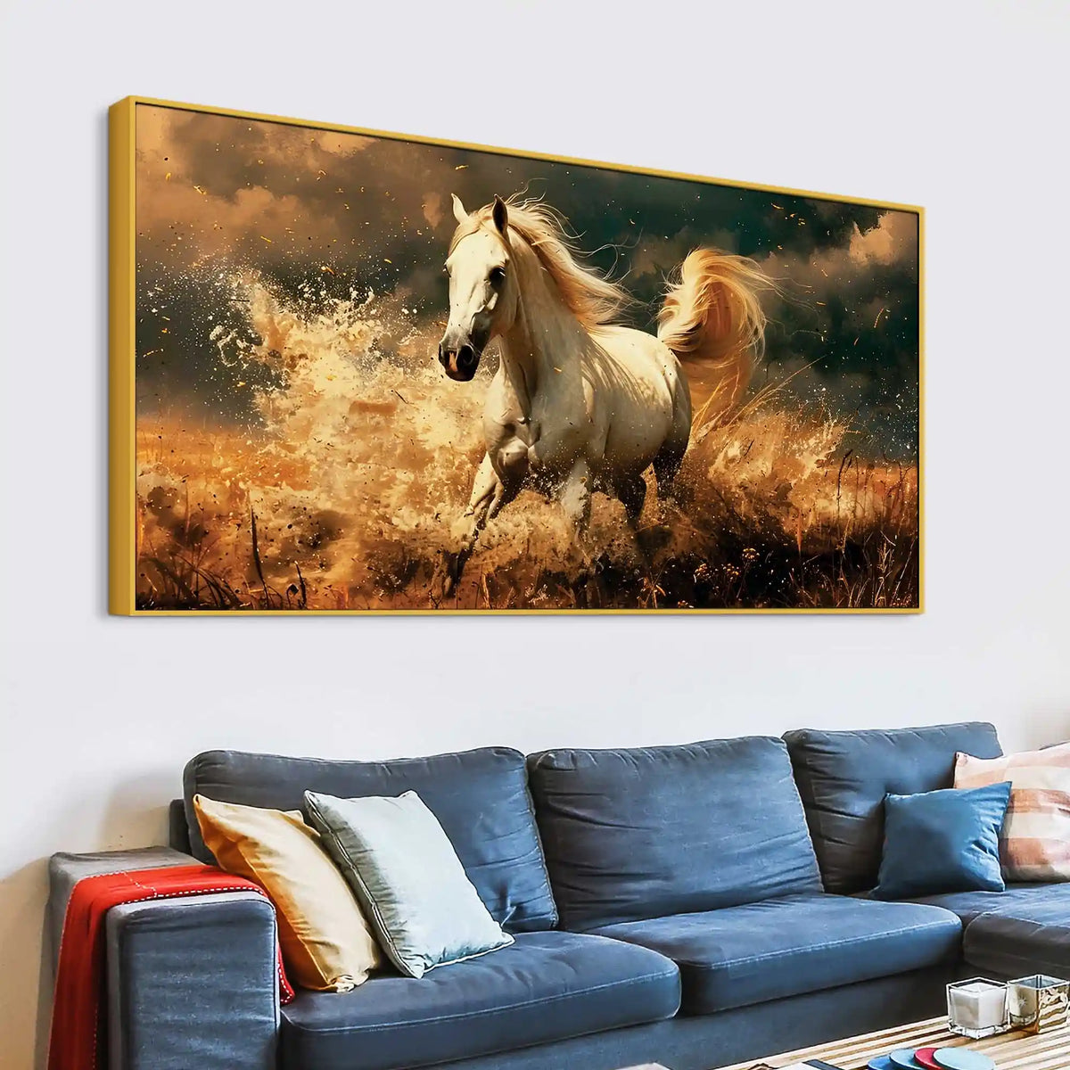 Galloping White Horse Running Through Water Canvas Wall Painting