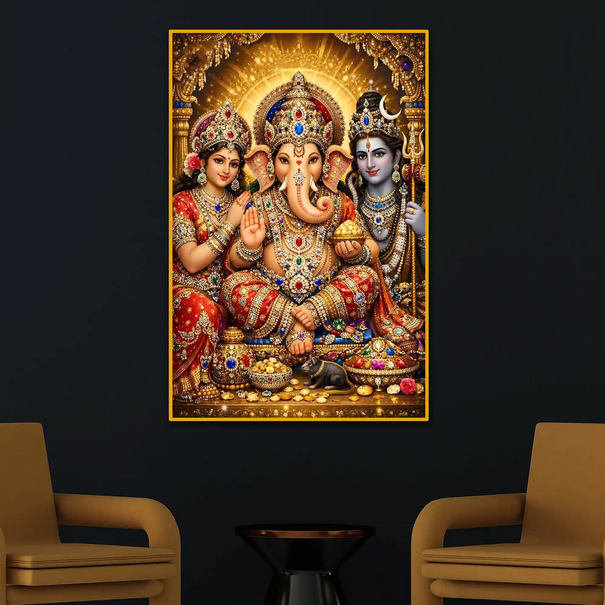 Ganesha Family Wall Art Floating Frame Crystal Wall Painting