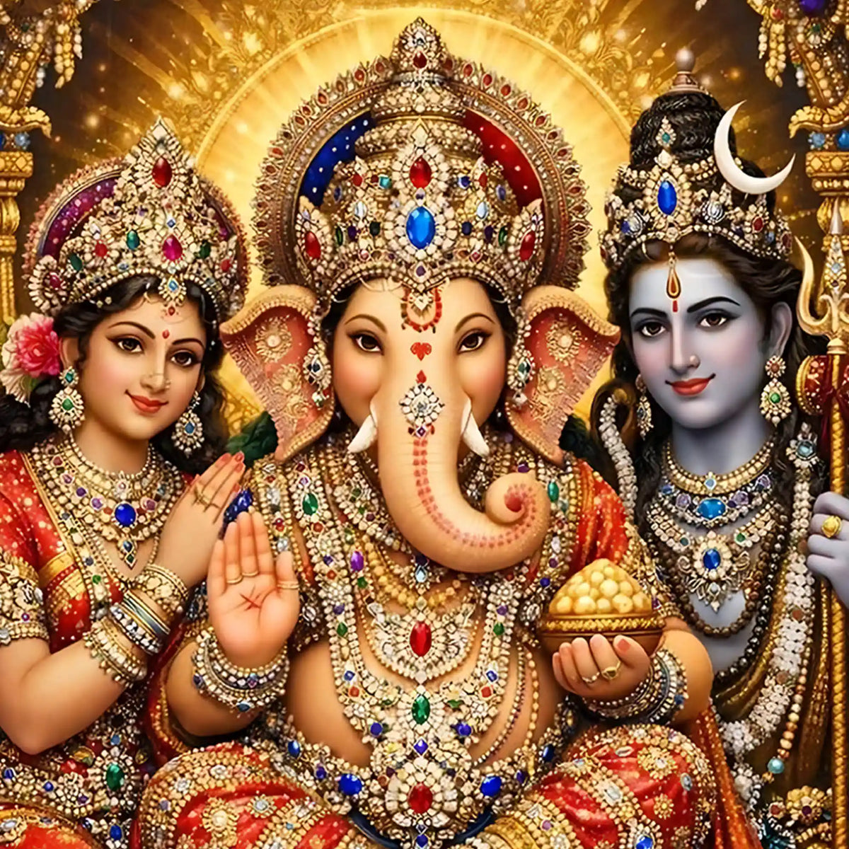 Ganesha Family Wall Art Floating Frame Crystal Wall Painting
