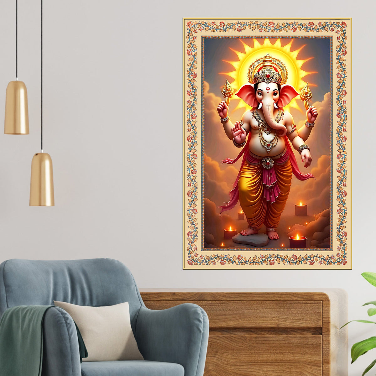 Ganesha with Sun Floral Border Vertical Canvas Wall Painting