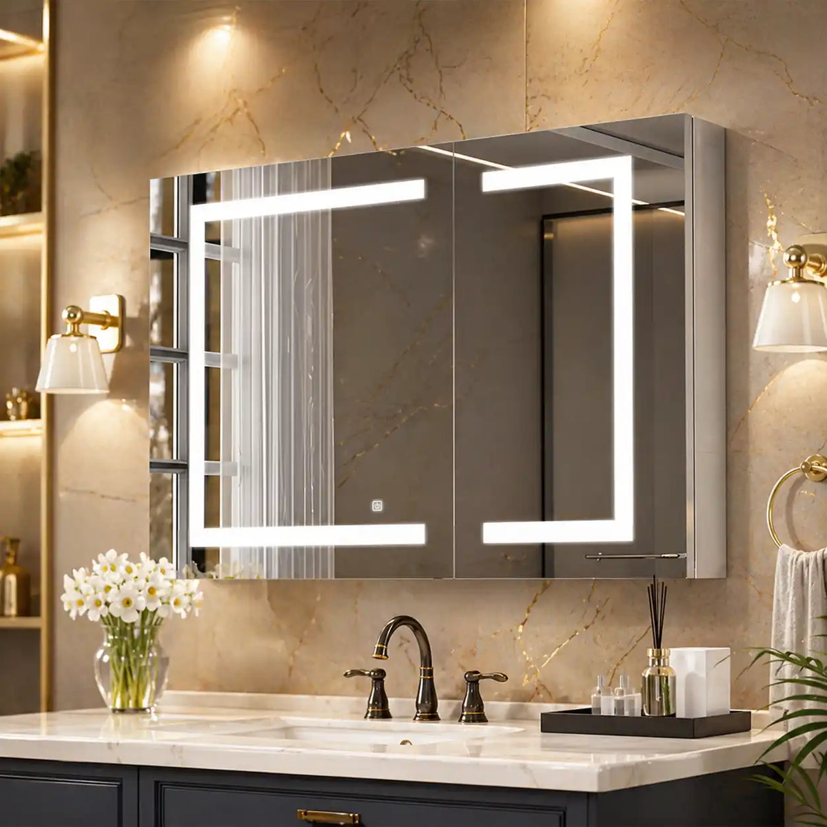 Geometric LED Light Mirror Cabinet with Soft Close Doors