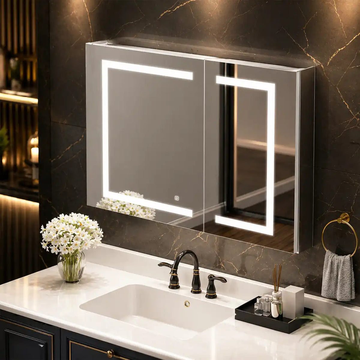 Geometric LED Light Mirror Cabinet with Soft Close Doors
