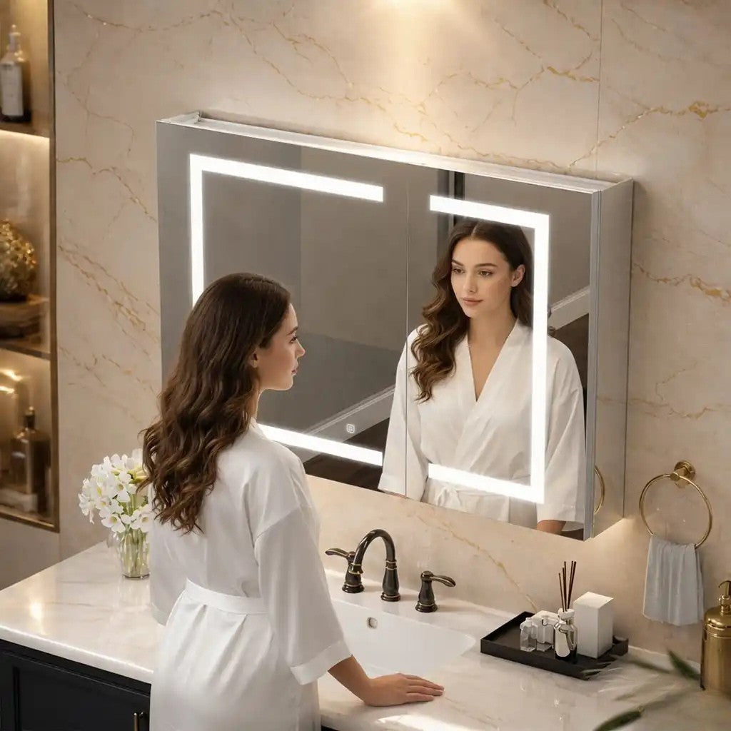 Geometric LED Light Mirror Cabinet with Soft Close Doors