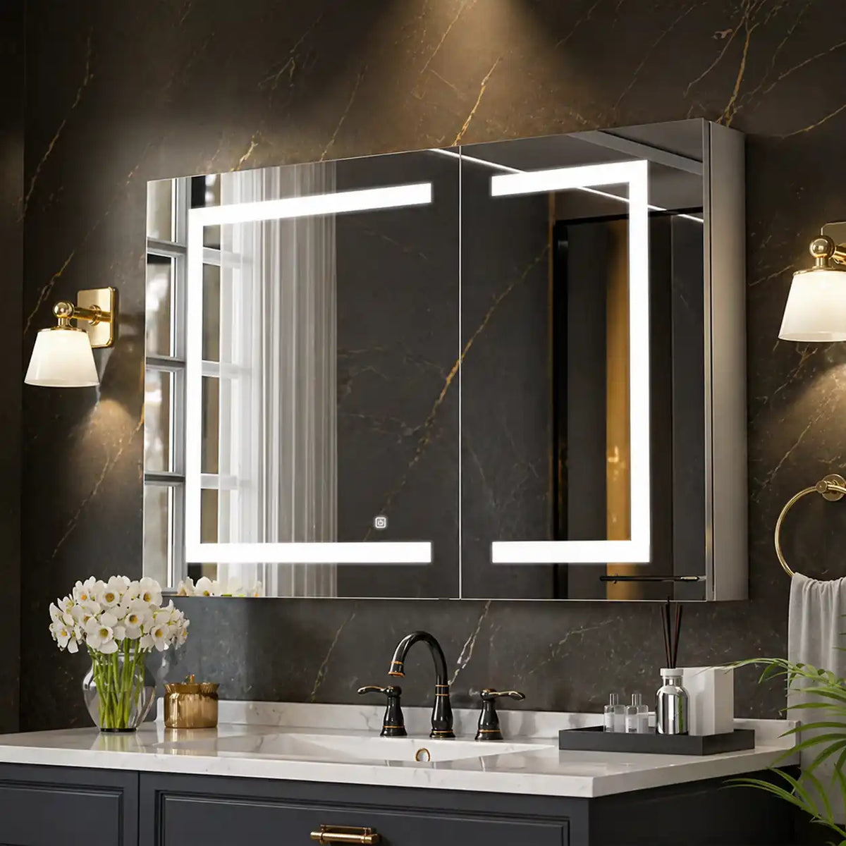 Geometric LED Light Mirror Cabinet with Soft Close Doors