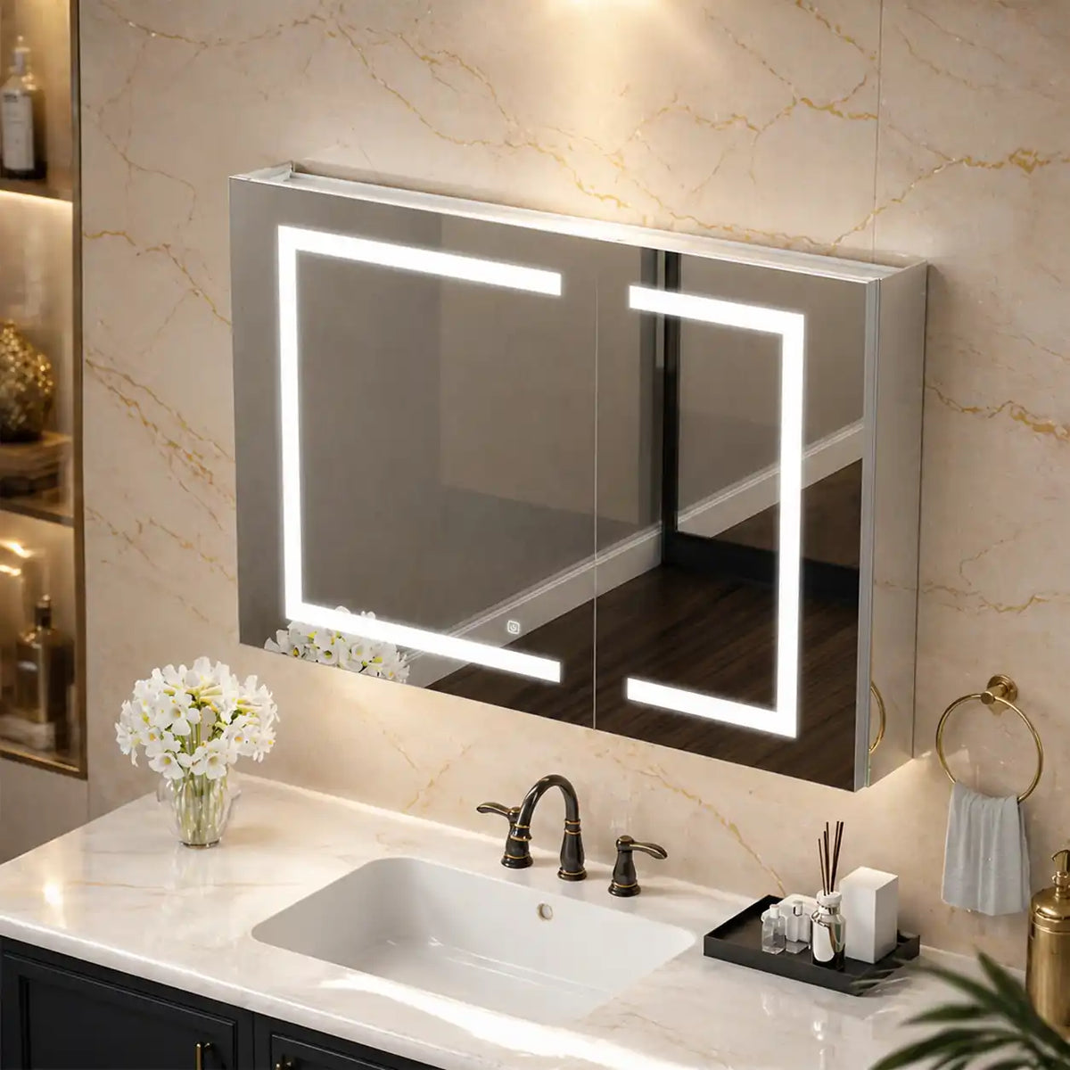 Geometric LED Light Mirror Cabinet with Soft Close Doors
