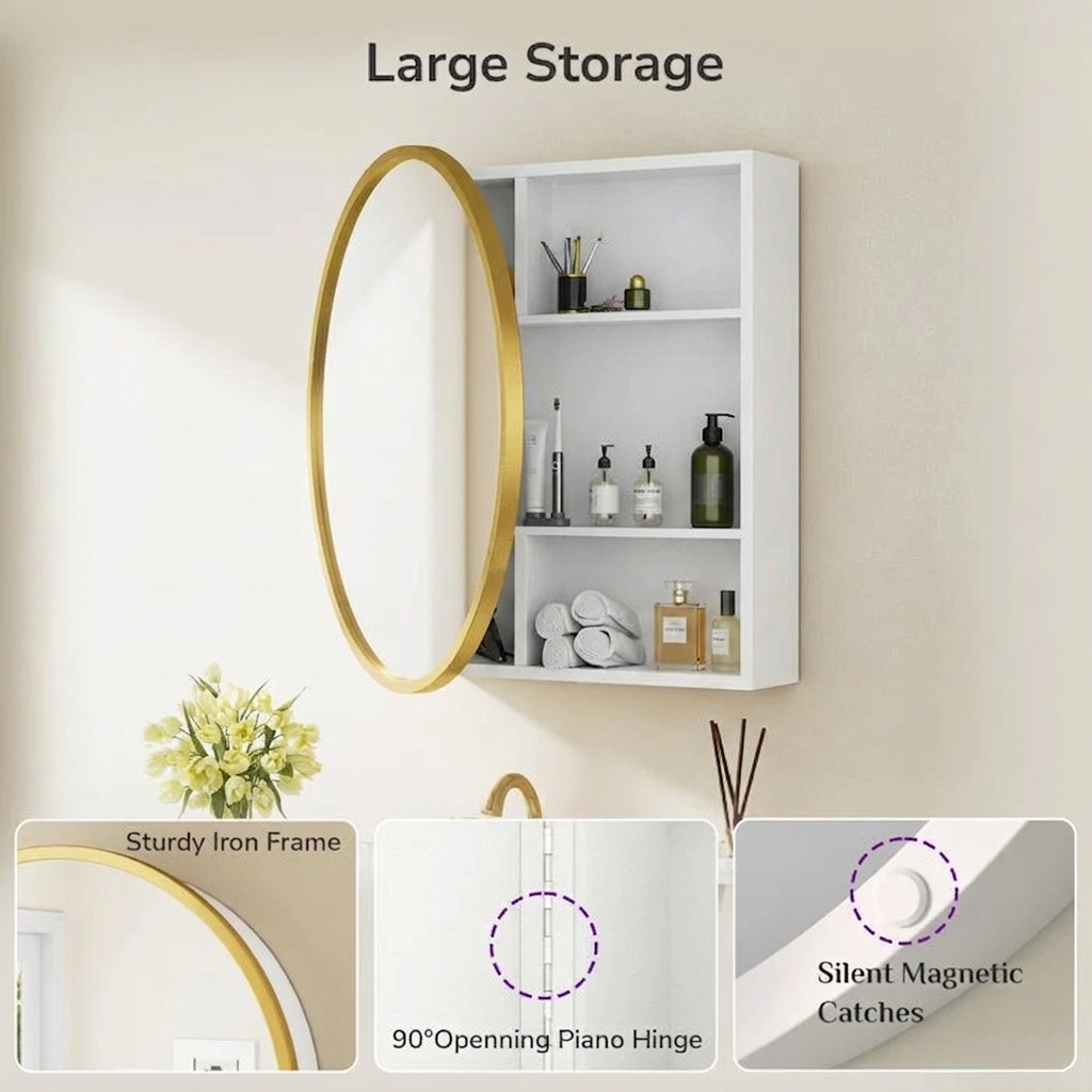 Gervon Round Medicine Cabinet White Gold Wall Mounted Mirror