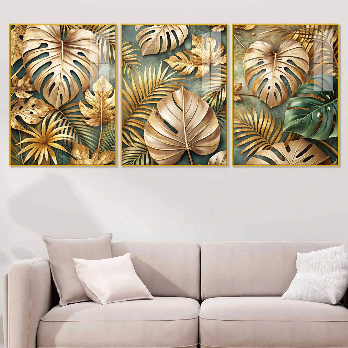 Gilded Monstera Collection Acrylic Floating Frame Wall Painting Set of 3