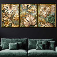 Gilded Monstera Collection Acrylic Floating Frame Wall Painting Set of 3