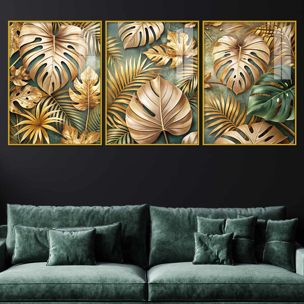 Gilded Monstera Collection Acrylic Floating Frame Wall Painting Set of 3