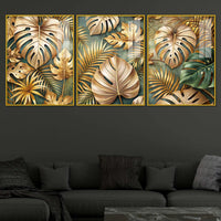 Gilded Monstera Collection Acrylic Floating Frame Wall Painting Set of 3