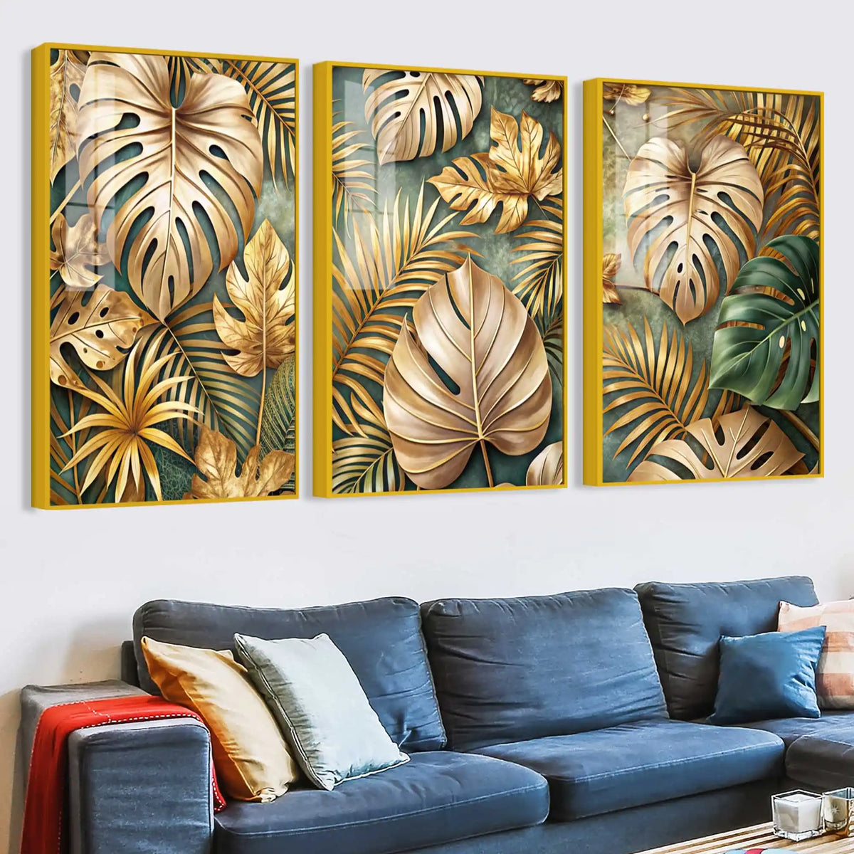 Gilded Monstera Collection Acrylic Floating Frame Wall Painting Set of 3